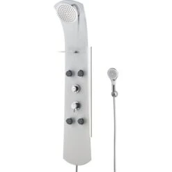 Colonne De Douche Hydromassante Thermostatique En Verre Blanc - Tête Ronde Ø 20 Cm - Douchette 3 Jets - Avec Tablette - Nautilus - Valentin